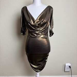 Lakubo Women's Dress Gold Cold Shoulder Size L Shimmery Gold‎ Runched